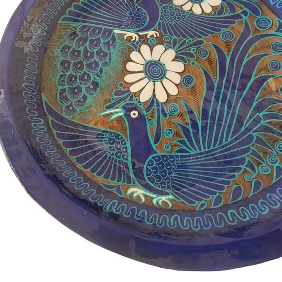 Cobalt Blue Hand Painted, Signed & Sealed Peacock Floral Art Wooden Plate Art - Picture 3 of 6